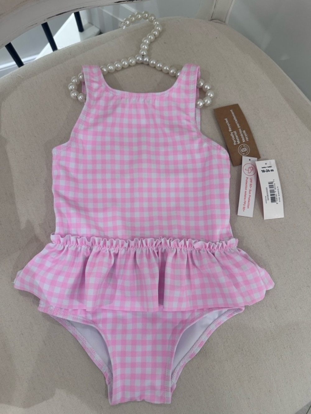 🎀 18~24 Mth Pink Gingham Ruffled Pink Baby Girl Swimsuit NWT